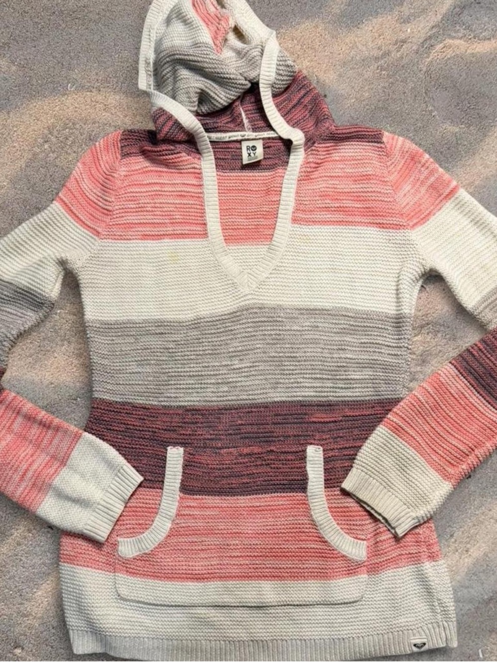 Roxy Striped Knit Hoodie - Pink & Gray